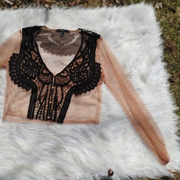 Forever 21 Size Small S Sheer Light Carmel Brown Black Cropped Crochet Festival - Picture 4 of 16
